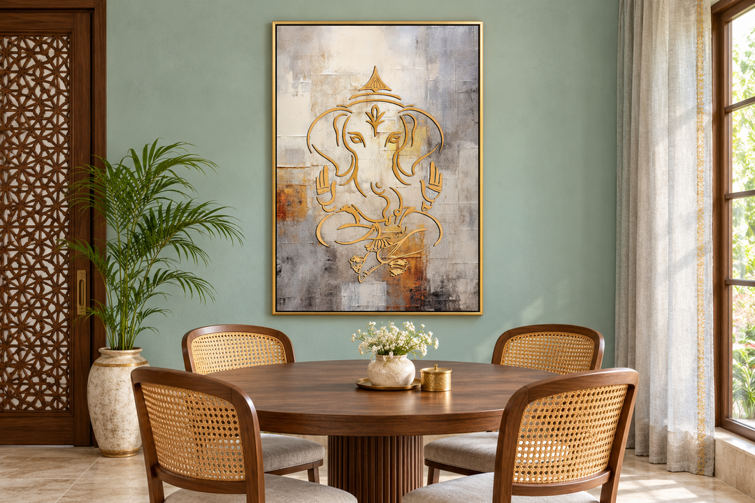 Minimalistisches, indisches Wandbild mit Ganesha-Motiv, Weißgold