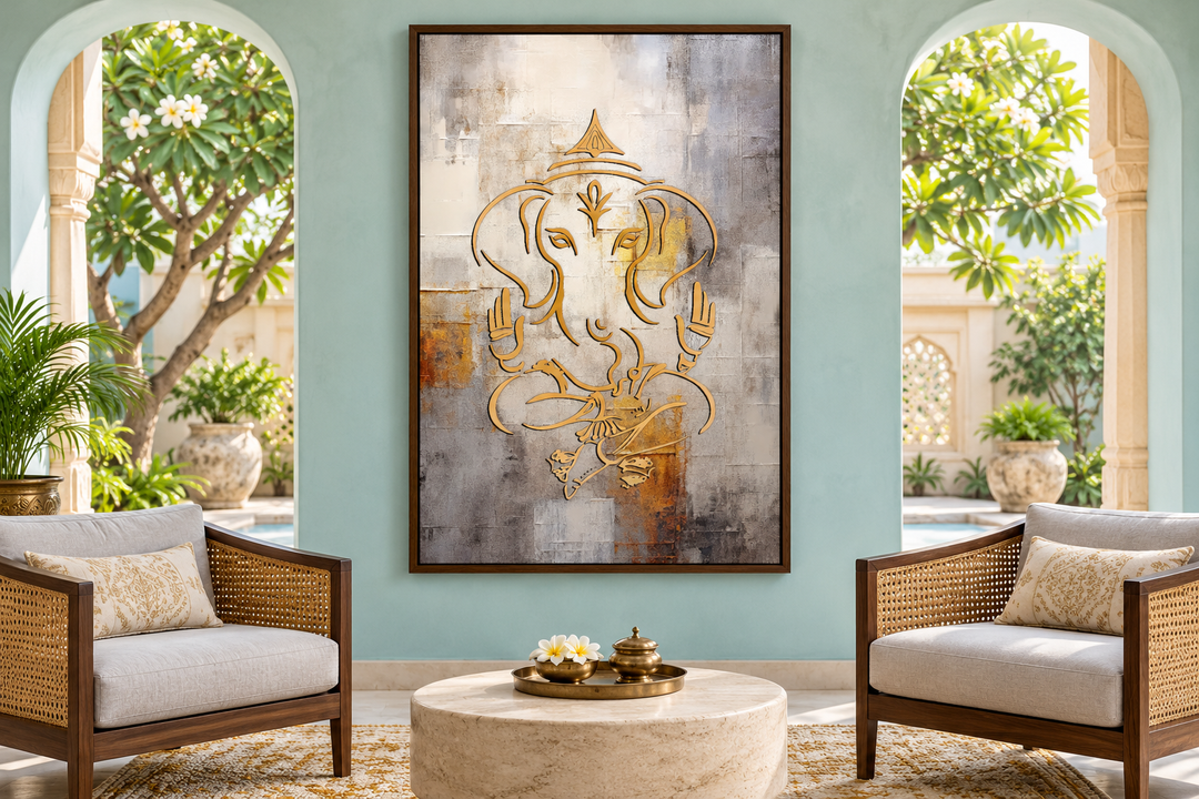 Minimalistisches, indisches Wandbild mit Ganesha-Motiv, Weißgold