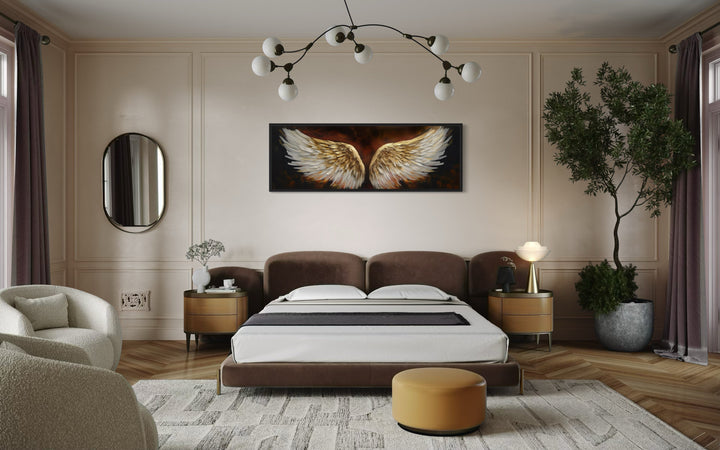 White Gold Angel Wings On Brown Background Horizontal Framed Canvas Above Bed Wall Art