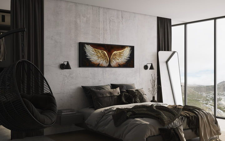 White Gold Angel Wings On Brown Background Horizontal Framed Canvas Above Bed Wall Art