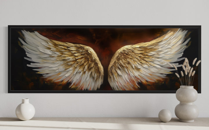 White Gold Angel Wings On Brown Background Horizontal Framed Canvas Above Bed Wall Art