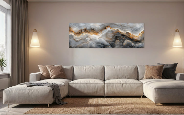 White Gold Black Marble Painting Long Narrow Canvas Wall Art