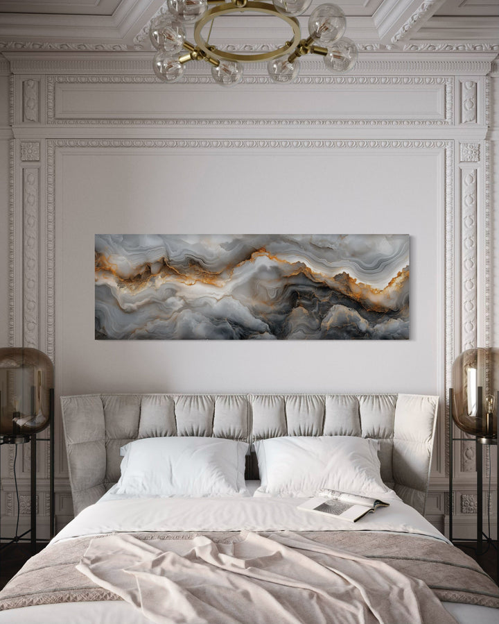 White Gold Black Marble Painting Long Narrow Canvas Wall Art