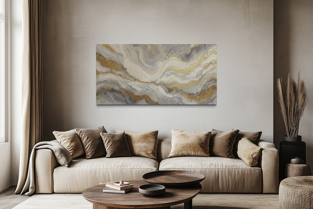 White Gold Elegant Abstract Painting Living Room Wall Decor