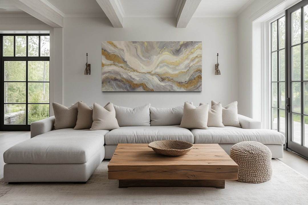 White Gold Elegant Abstract Painting Living Room Wall Decor