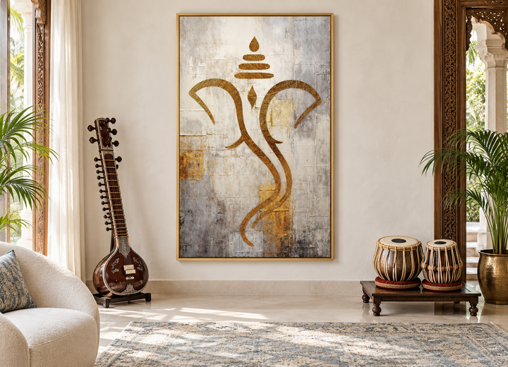 White Gold Silver Minimalist Lord Ganesha Canvas Wall Art