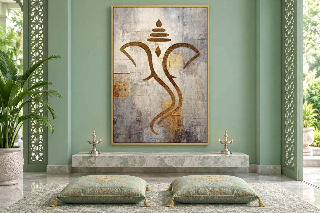 White Gold Silver Minimalist Lord Ganesha Canvas Wall Art