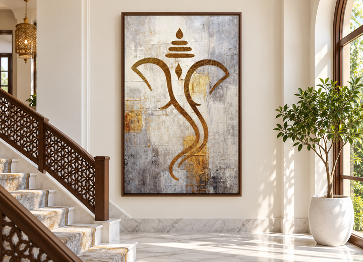 White Gold Silver Minimalist Lord Ganesha Canvas Wall Art
