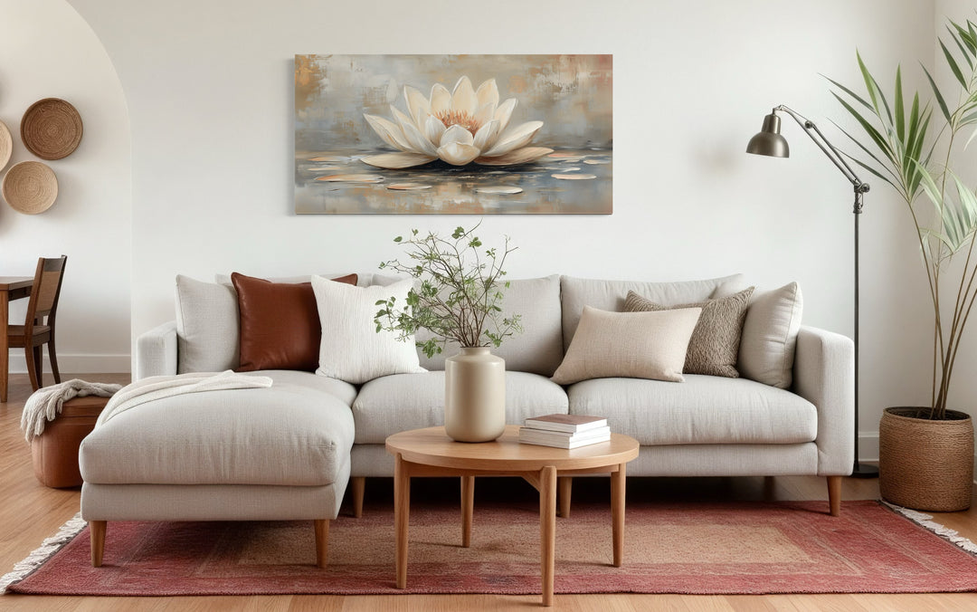 White Gold Neutral Lotus Flower Framed Canvas Wall Art