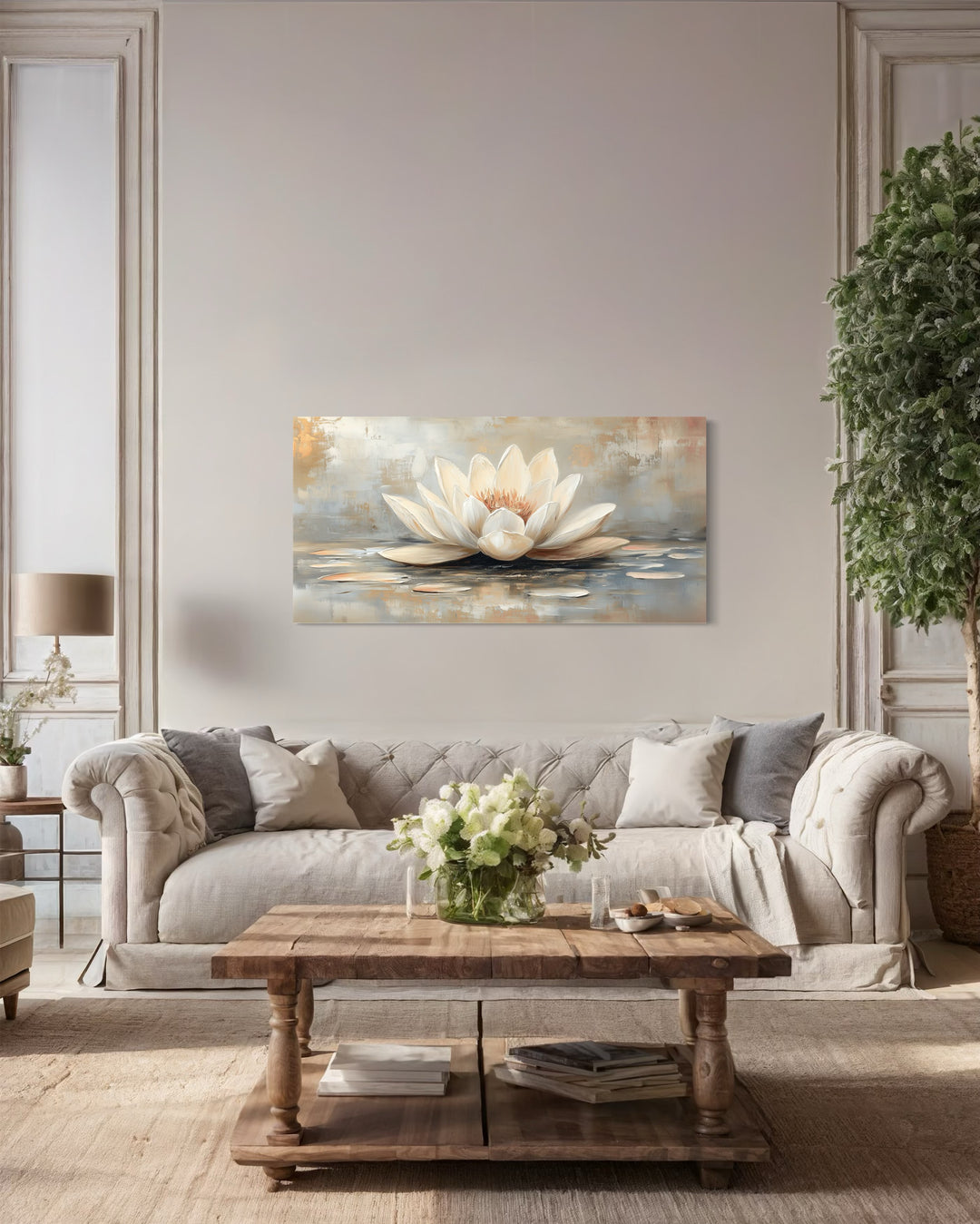 White Gold Neutral Lotus Flower Framed Canvas Wall Art