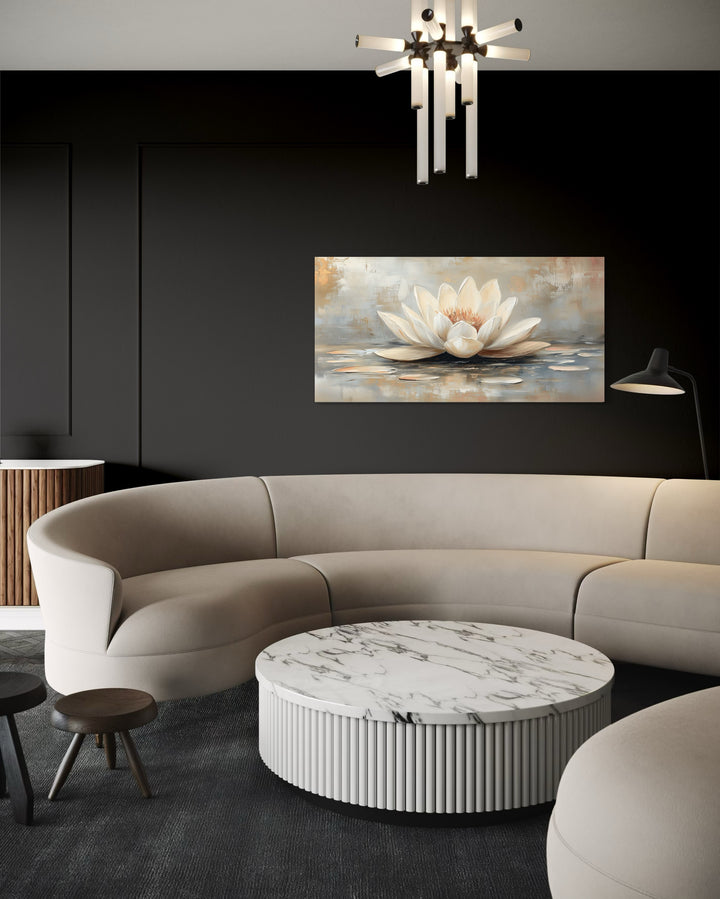 White Gold Neutral Lotus Flower Framed Canvas Wall Art