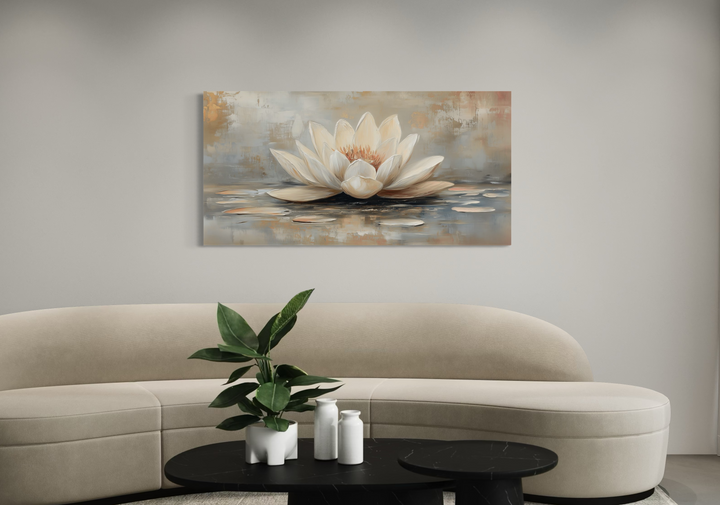 White gold neutral lotus flower canvas wall art hanging above a modern sofa in a zen room.