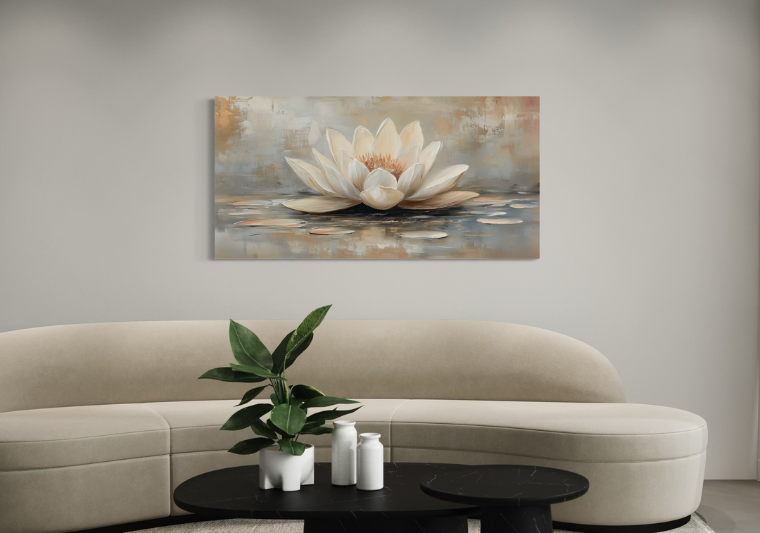 White Gold Neutral Lotus Flower Framed Canvas Wall Art