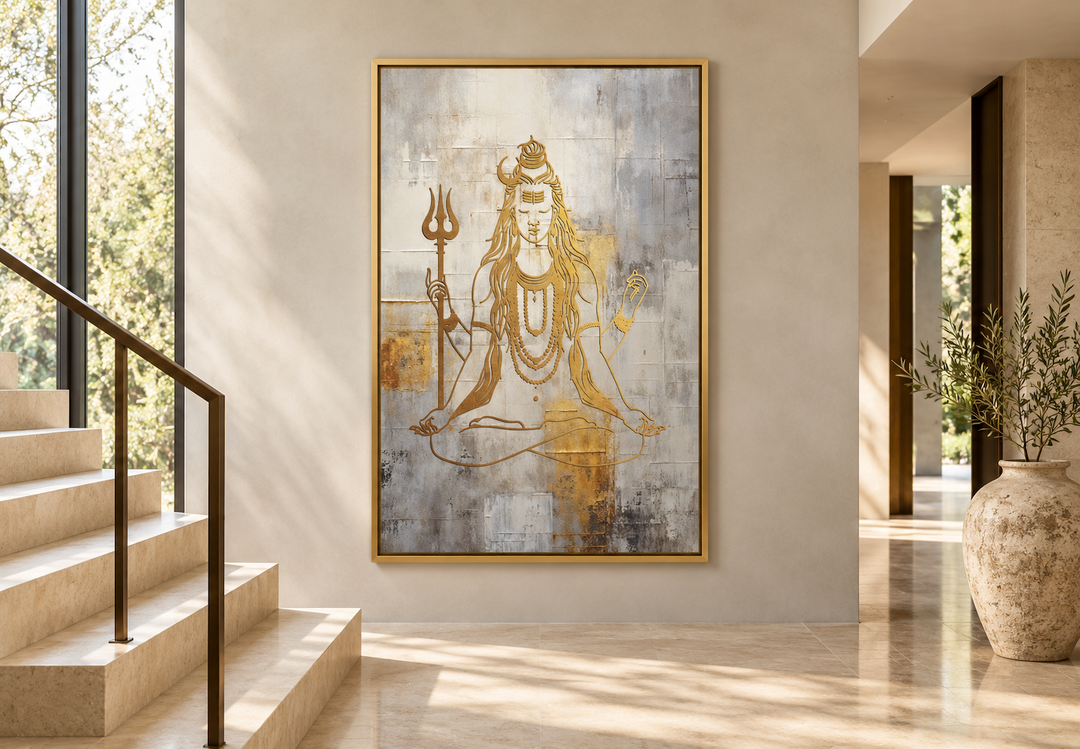 Minimalist white and gold Lord Shiva framed canvas wall art in a modern stair landing.
