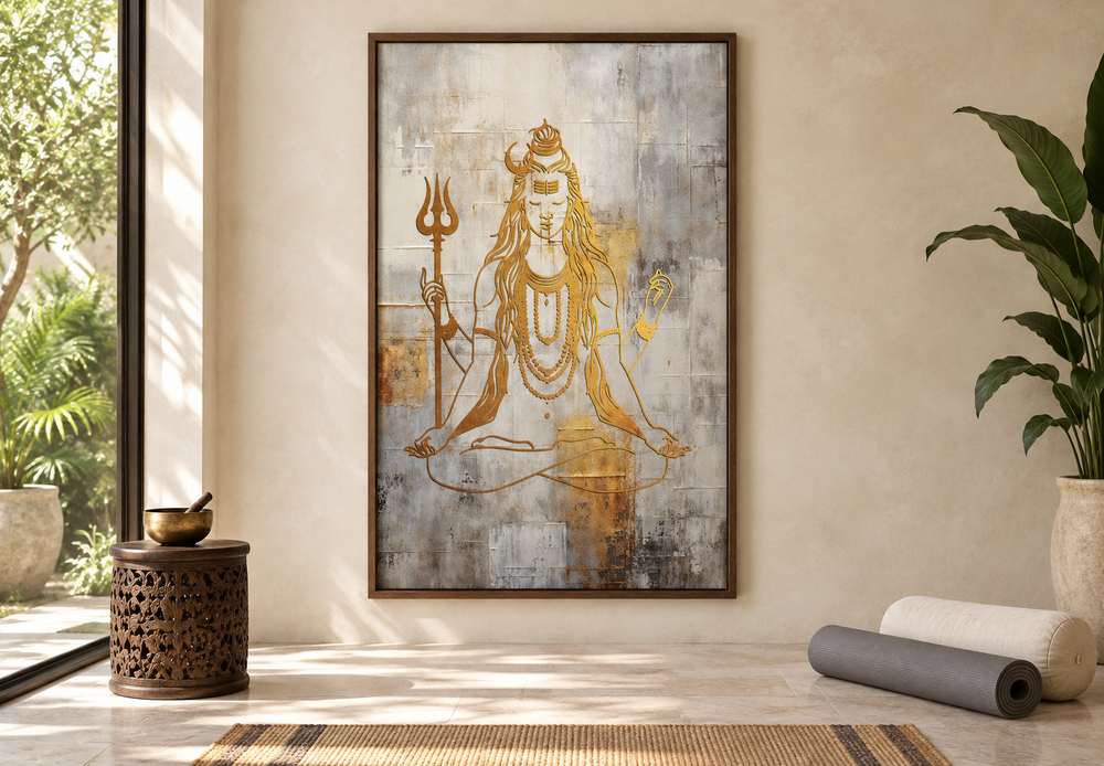 Minimalist white and gold Lord Shiva framed canvas wall art in a serene yoga room setting.