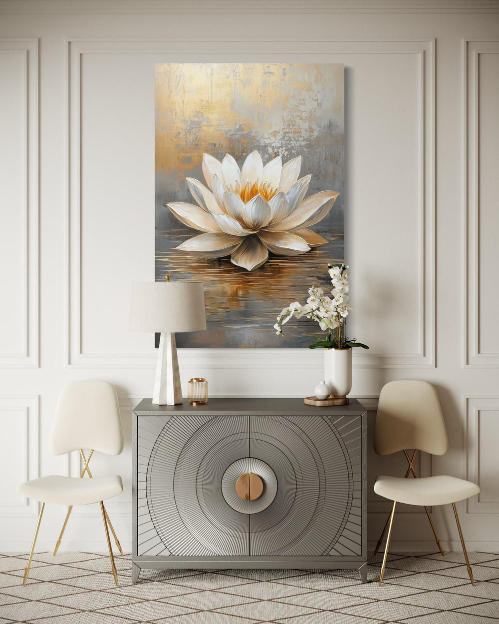 White Gold Vertical Lotus Flower Wall Art