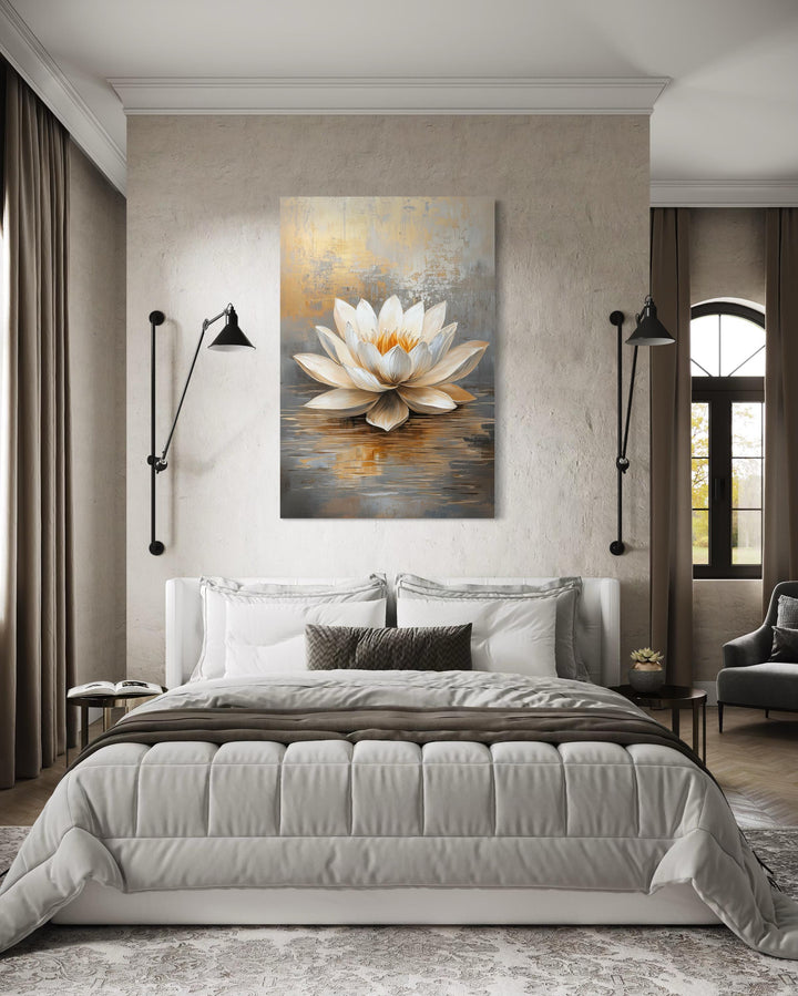 White Gold Vertical Lotus Flower Wall Art