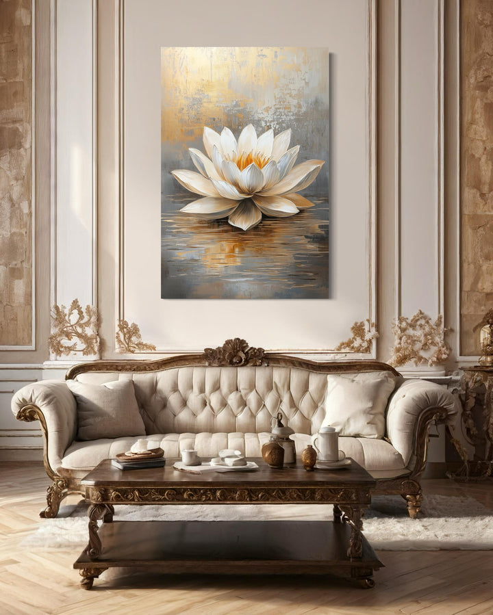 White Gold Vertical Lotus Flower Wall Art