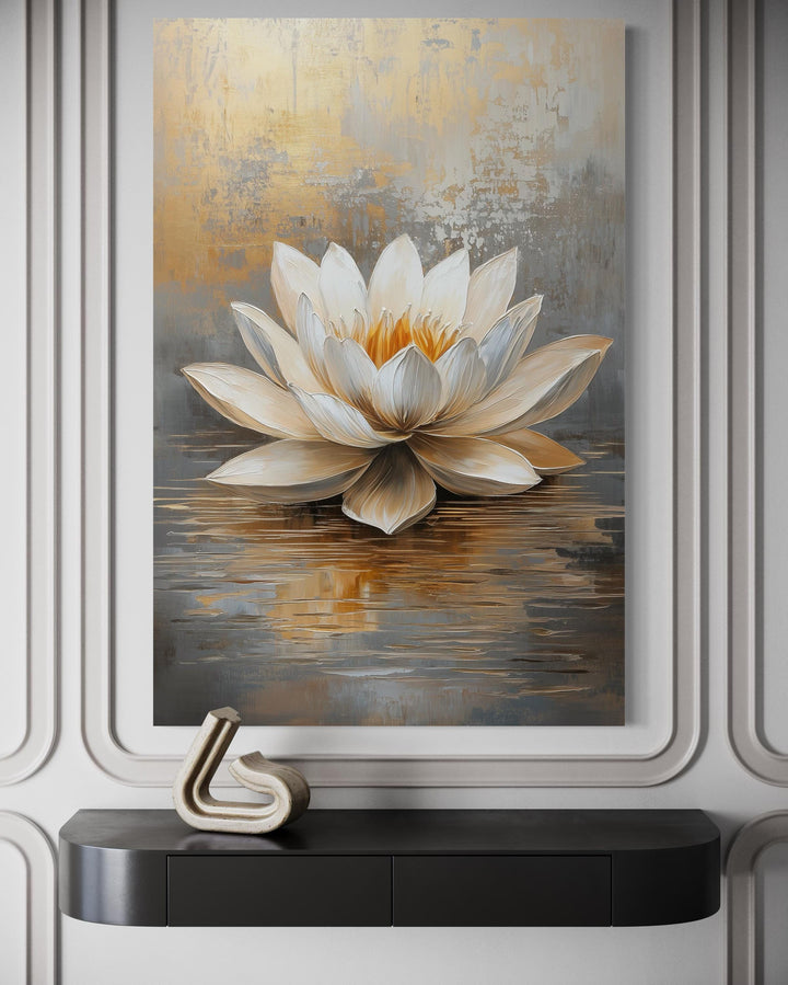 White Gold Vertical Lotus Flower Wall Art