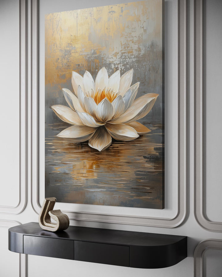 White Gold Vertical Lotus Flower Wall Art