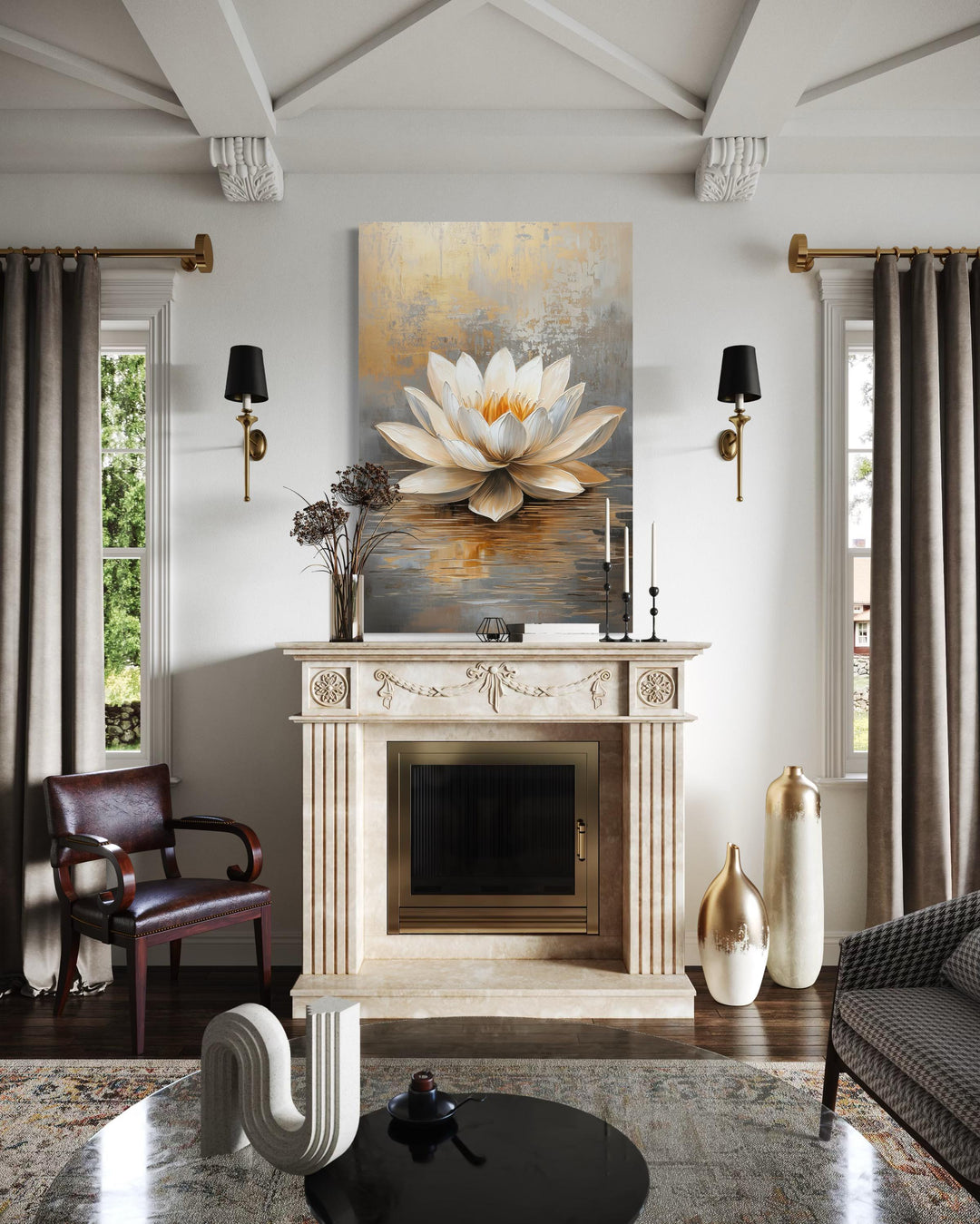 White Gold Vertical Lotus Flower Wall Art