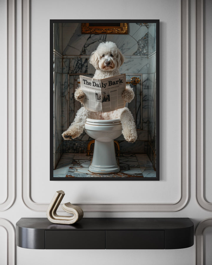 White Goldendoodle Dog On The Toilet Reading Newspaper Picture