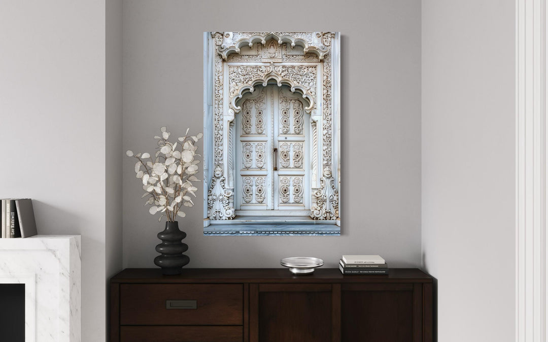 White Grey Indian Door Framed Canvas Wall Art hanging above a dark wood sideboard in a modern room.