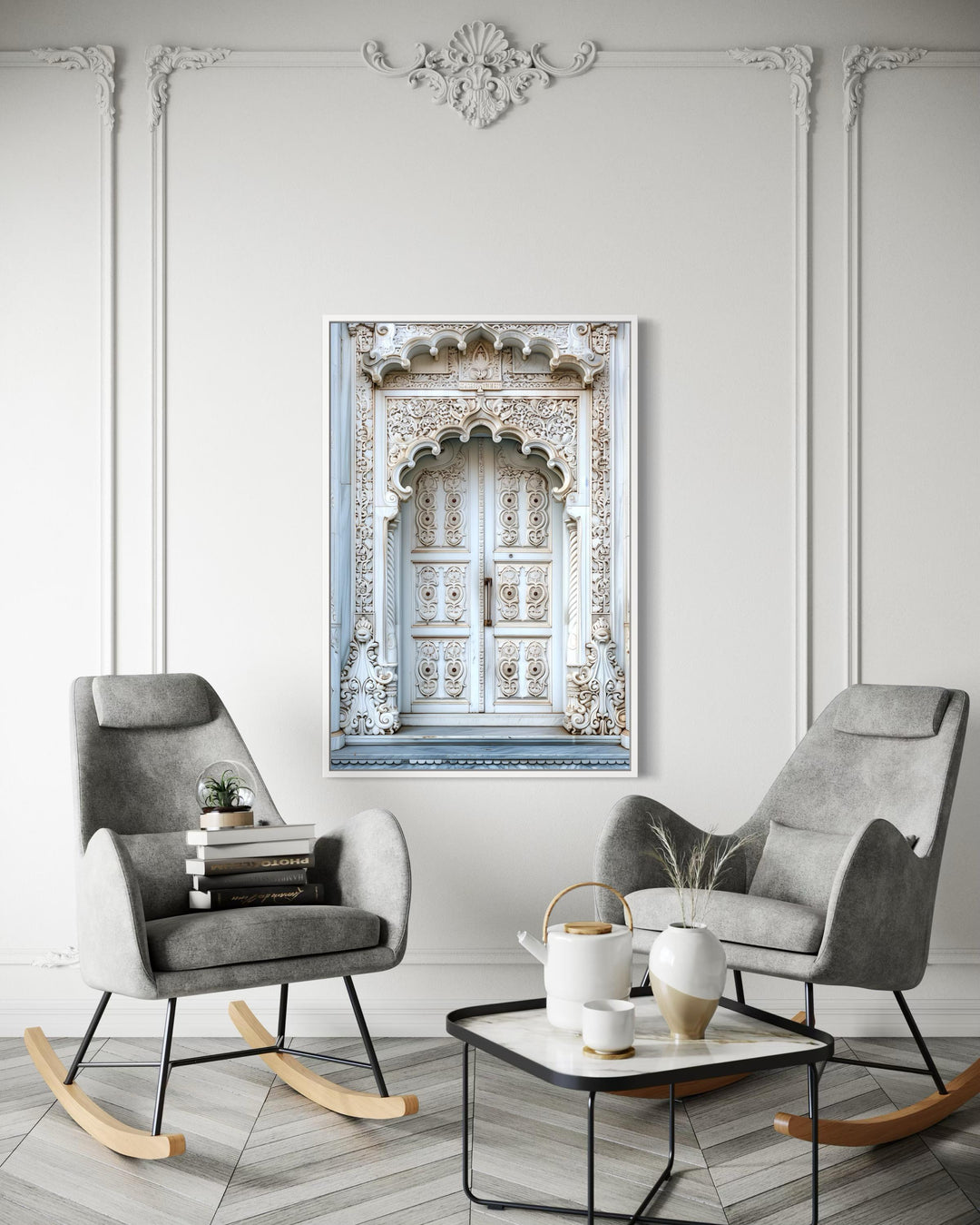 White Grey Indian Door Framed Canvas Wall Art