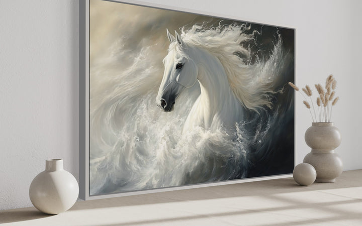 White Horse Abstract In Ocean Waves Framed Canvas Wall Art side view