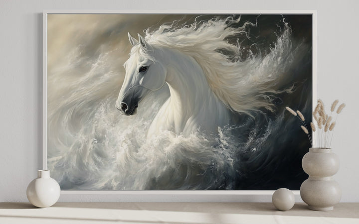 White Horse Abstract In Ocean Waves Framed Canvas Wall Art close up