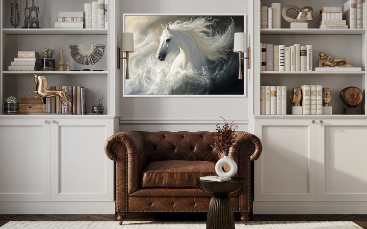 White Horse Abstract In Ocean Waves Framed Canvas Wall Art in library