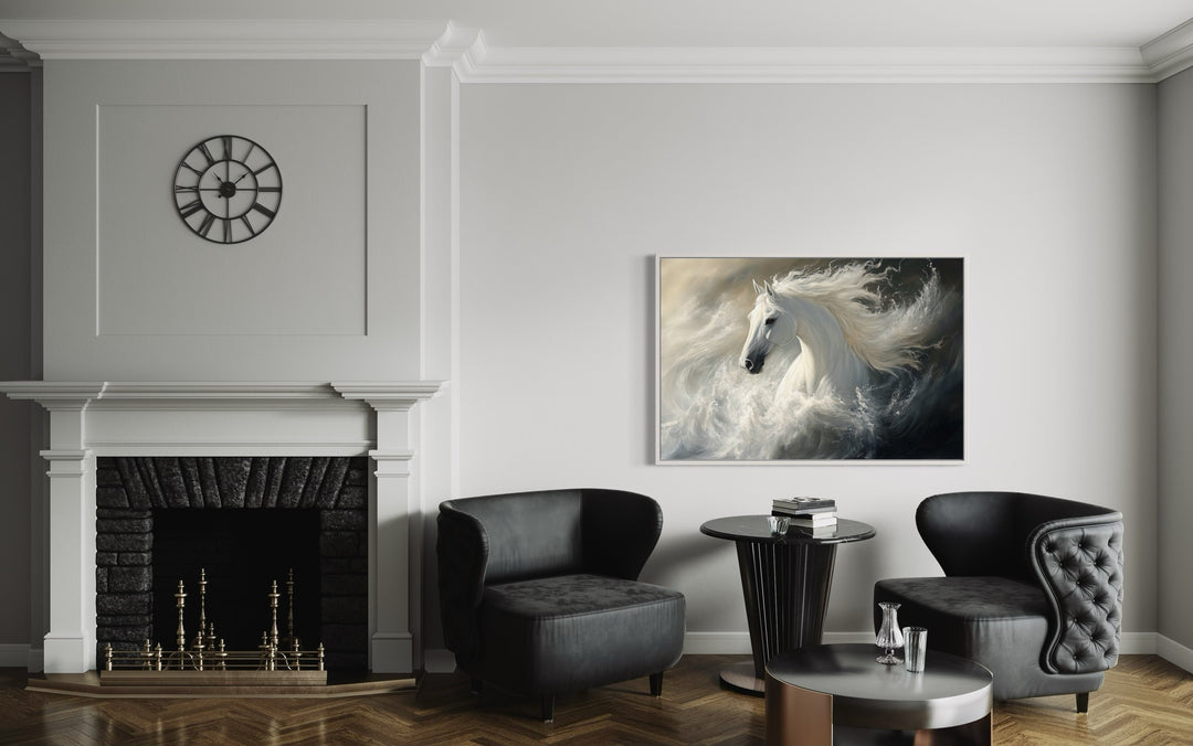 White Horse Abstract In Ocean Waves Framed Canvas Wall Art in a living room with two chairs and a fireplace