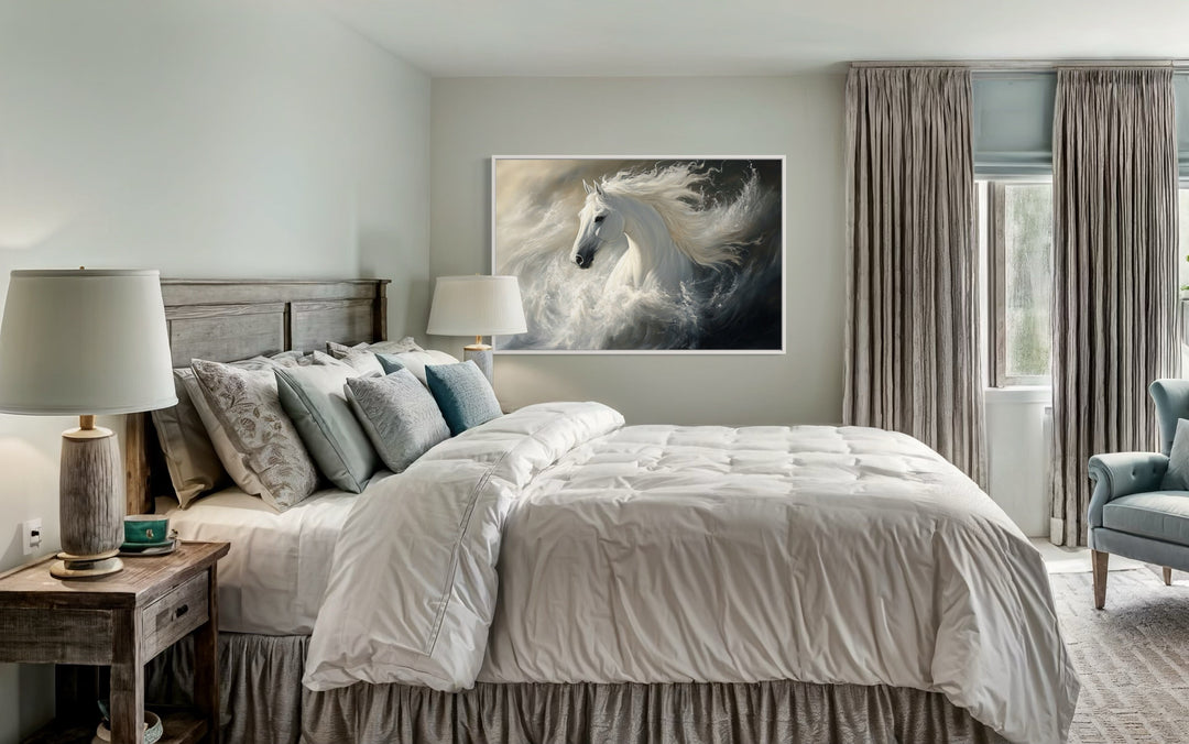 White Horse Abstract In Ocean Waves Framed Canvas Wall Art in bedroom