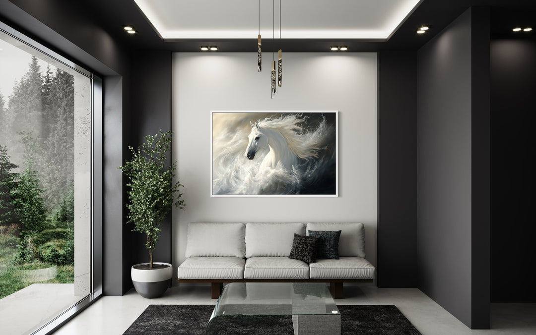 White Horse Abstract In Ocean Waves Framed Canvas Wall Art