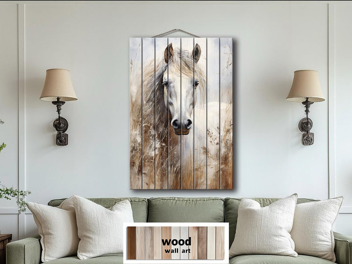 White Horse Distressed Wood Wall Art