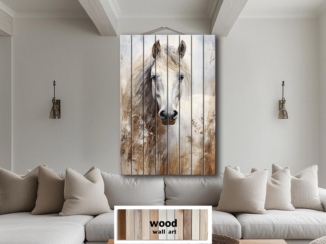 White Horse Distressed Wood Wall Art