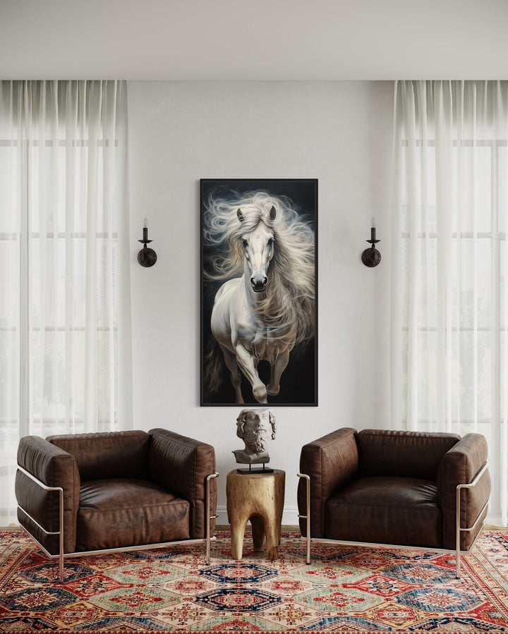 White Horse On Black Background Long Vertical Framed Canvas Wall Art