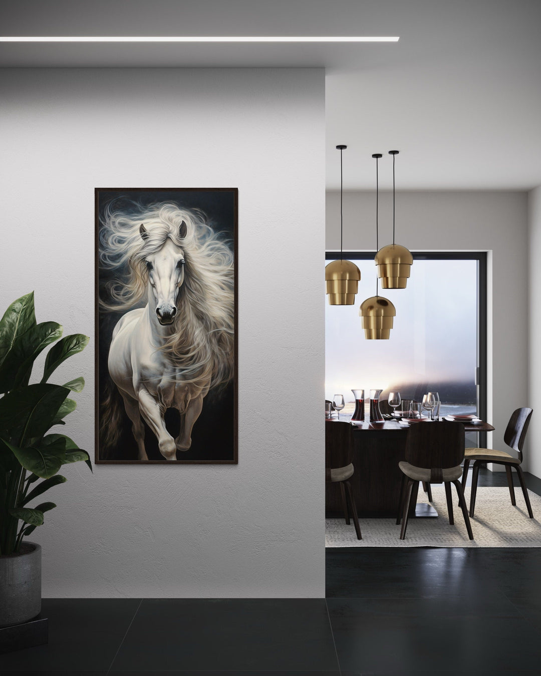 White Horse On Black Background Long Vertical Framed Canvas Wall Art