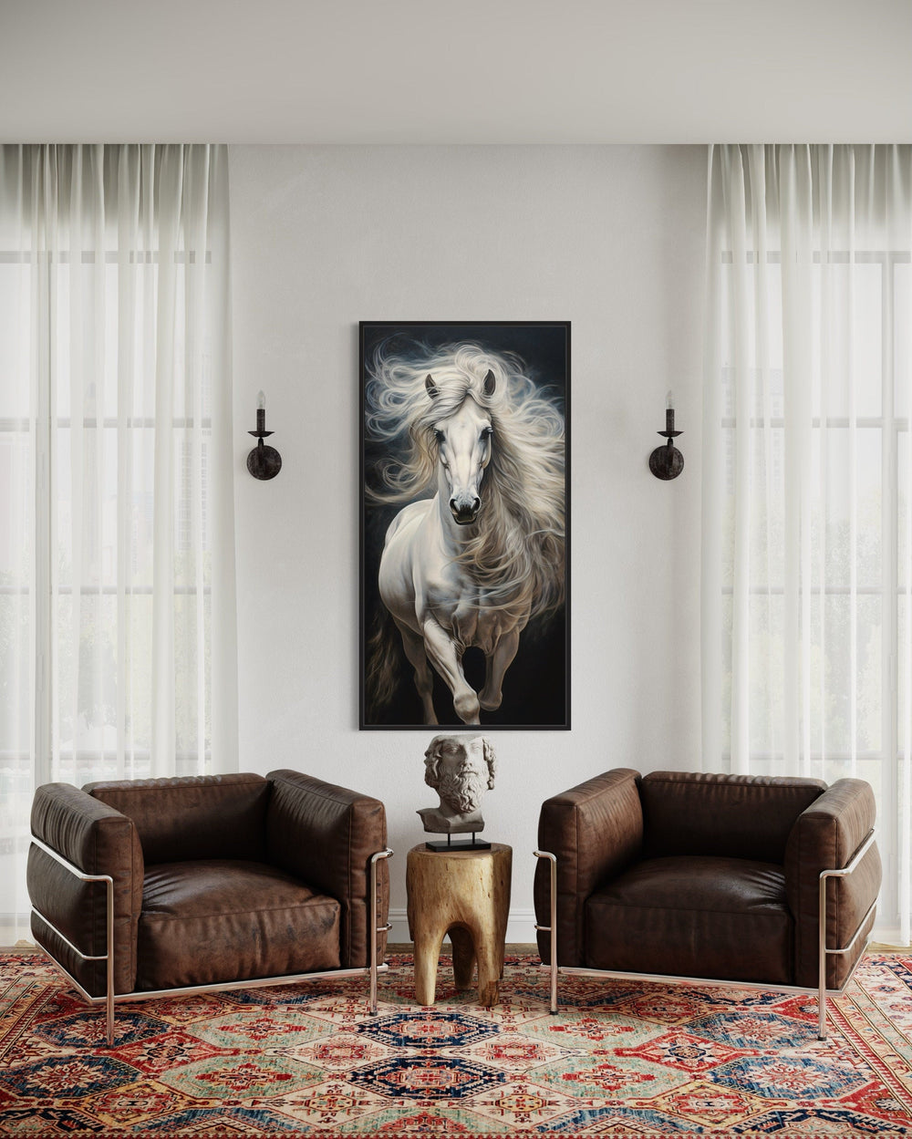White Horse Wall Art | Vertical Canvas Print - Modern Minimalist Equestrian Decor