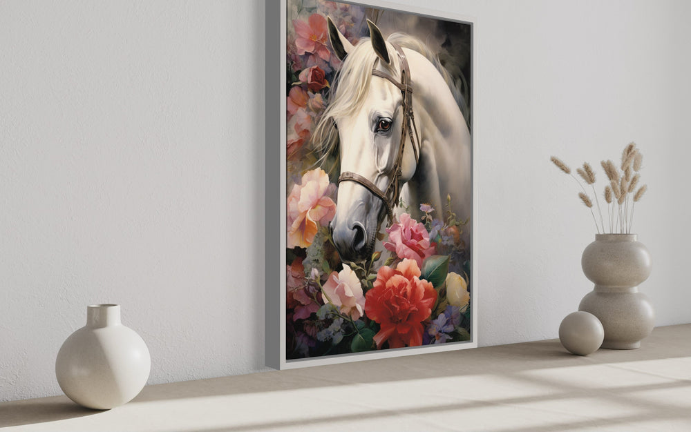 White Horse with Flowers Framed Canvas Wall Art side view