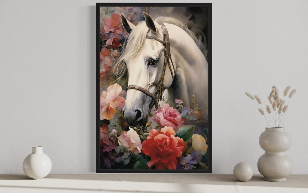 White Horse with Flowers Framed Canvas Wall Art