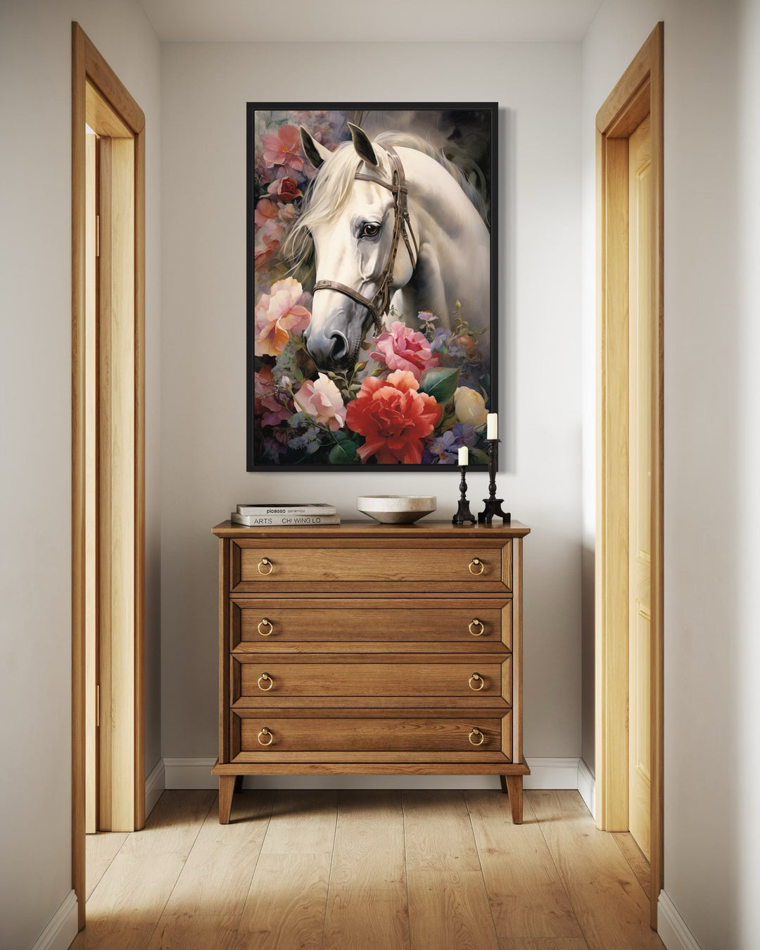 White Horse with Flowers Framed Canvas Wall Art