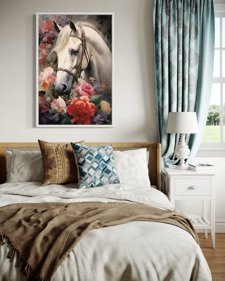 White Horse with Flowers Framed Canvas Wall Art