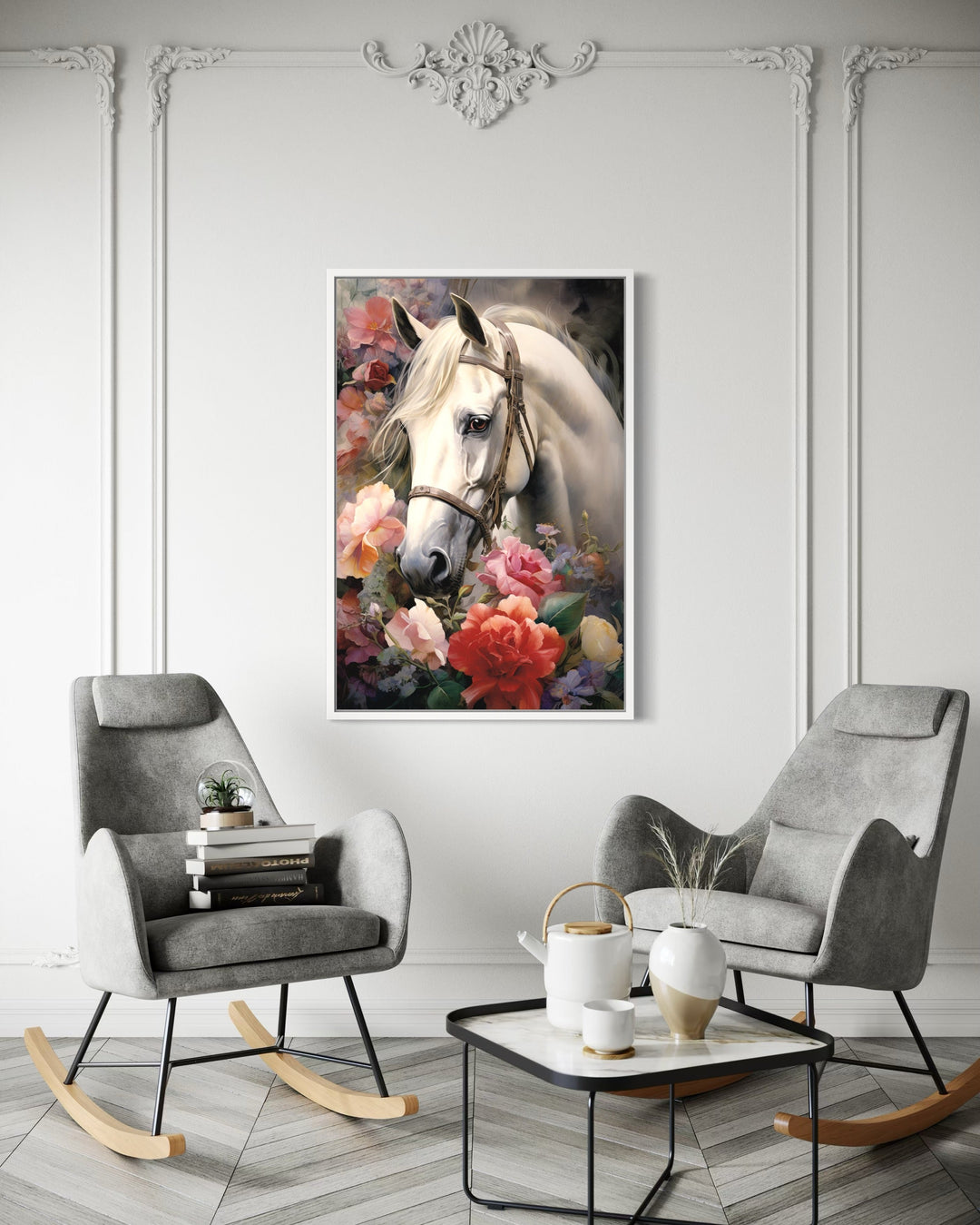 White Horse with Flowers Framed Canvas Wall Art