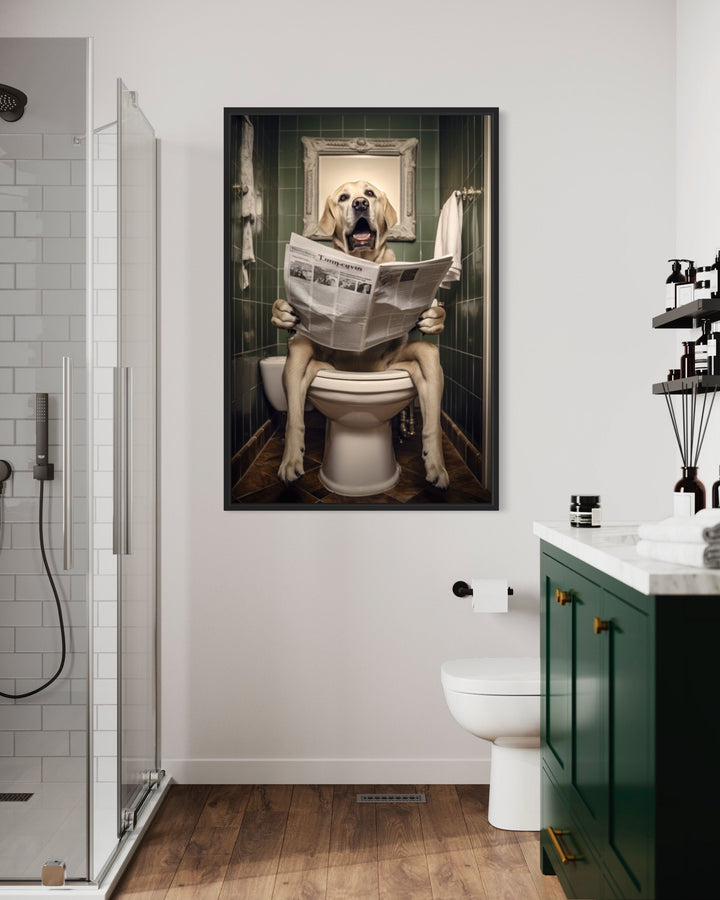 White Labrador Retriever Dog On The Toilet Reading Newspaper Picture