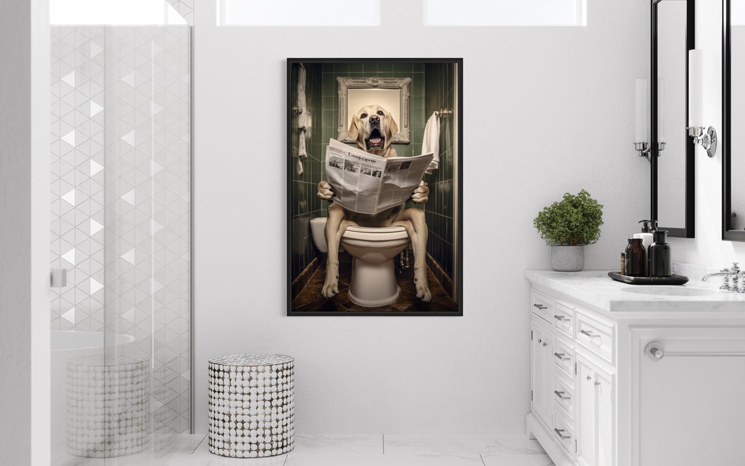 White Labrador Retriever Dog On The Toilet Reading Newspaper Picture