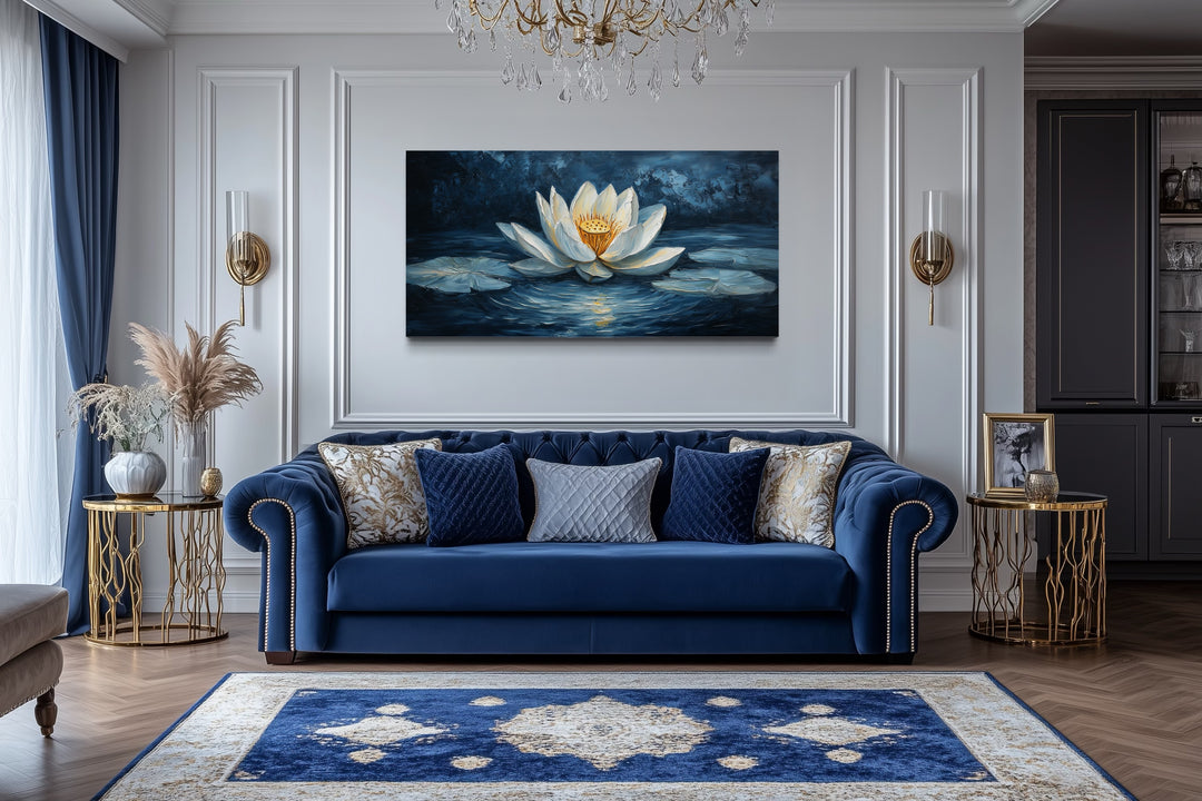 White Lotus Wall Art – Navy Blue Floral Canvas Print for Meditation Room Decor