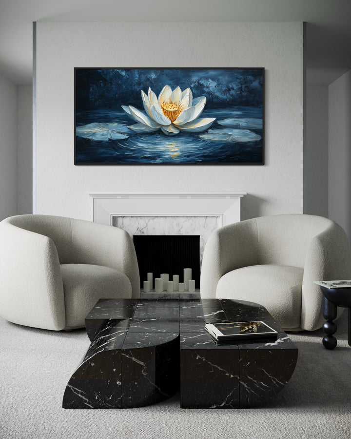 White lotus flower canvas print on navy blue background.