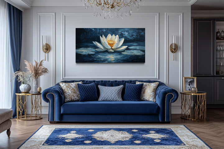White lotus flower canvas print on navy background.