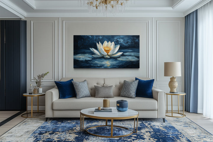 White lotus wall art with navy blue floral canvas print.